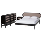 Baxton Studio Shirin Mid-Century Beige Fabric and Black Wood Queen 4-Piece Bedroom Set